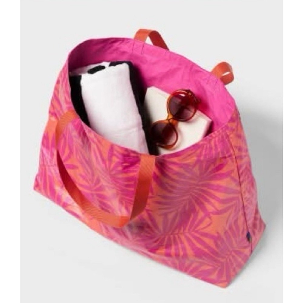 Open Story Pink Orange Palm Reversible Water Resistant Tyvek Tote Bag NEW - Picture 6 of 7